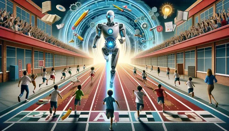 Image Created Using Dall-E: Clearly shows the robot running toward the finish line and people running the opposite direction