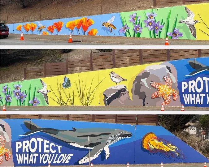 Mural created by Design Tech High School Innovation Program Students Annie Phillips and Lauren Wu: Mural is 186 ft long, 13 ft tall and 1475 sq. ft